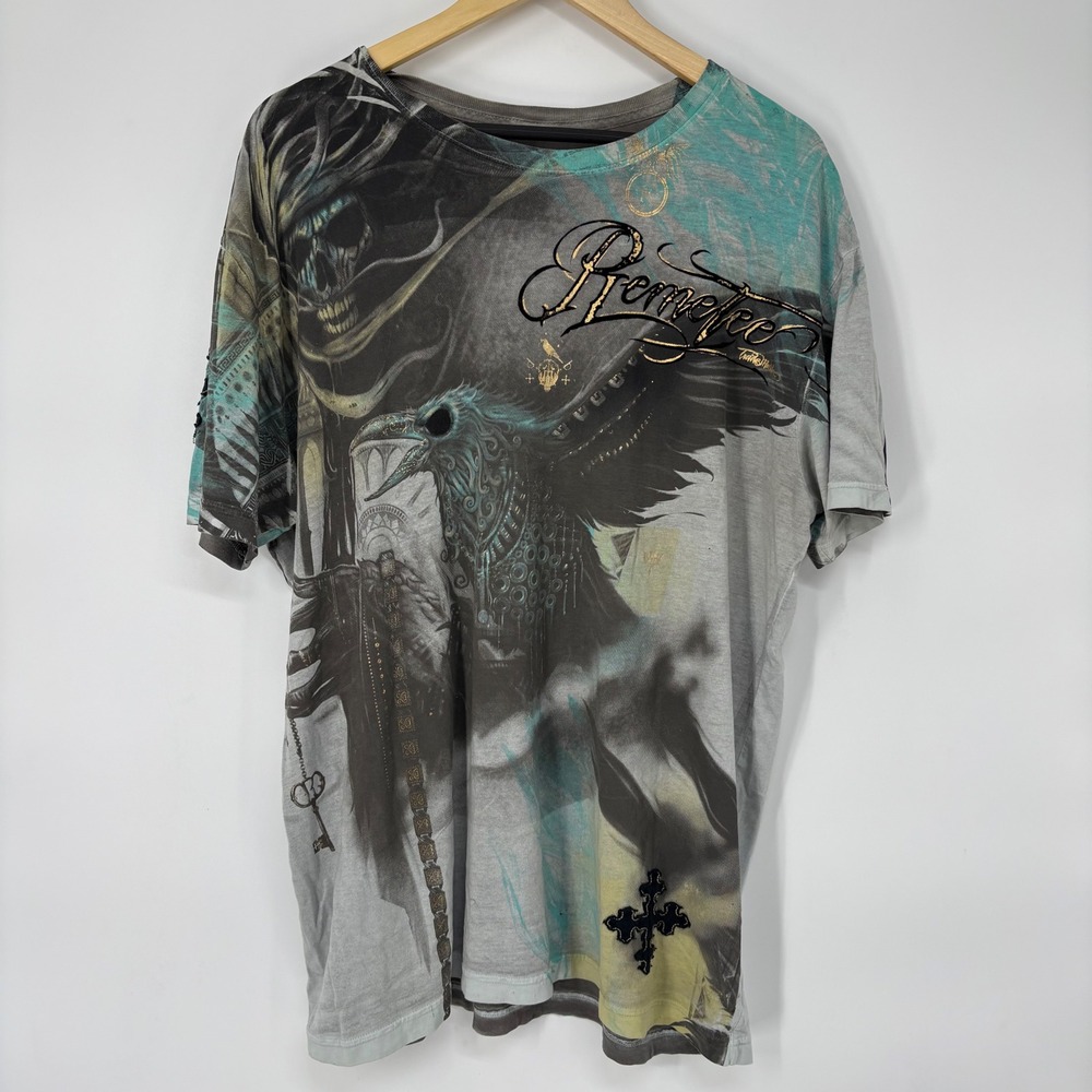 Remetee Mens XL Graphic T-Shirt Raven Skull Cross Gold Foil Gothic Grey Teal